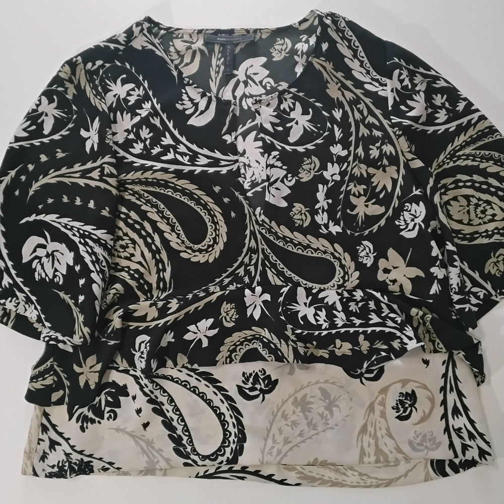 BCBGMAXAZRIA Blouse‎ Womens Large Floral Paisley Tiered Sheer Boho Top Shirt